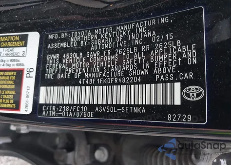 2015 Toyota Camry Le z USA, uszkodzony, nr VIN 4T4BF1FK0FR482204